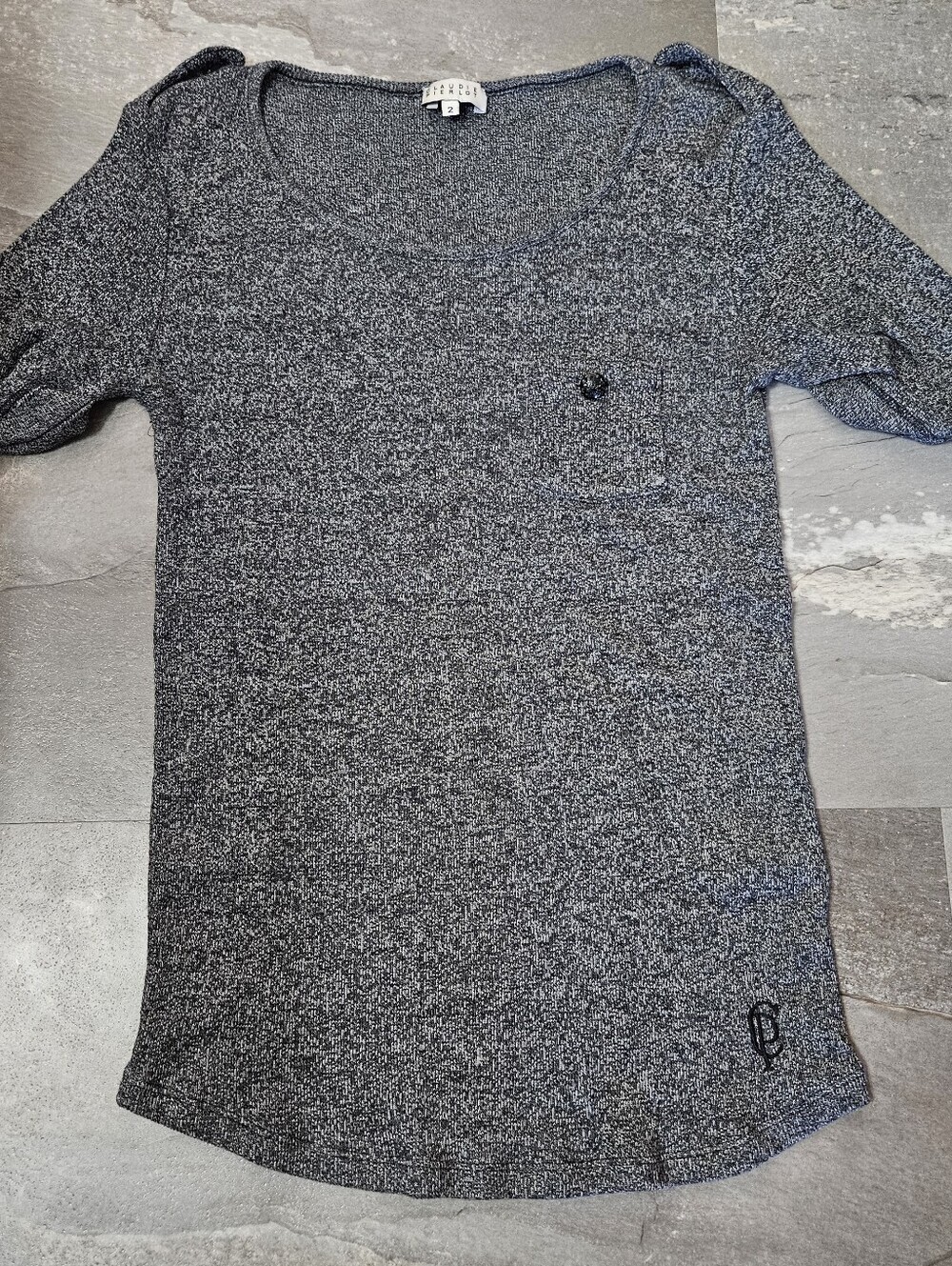Claudie Pierlot Paris Black Knit Short Sleeve Shirt. Heathered Grey & Black. M.